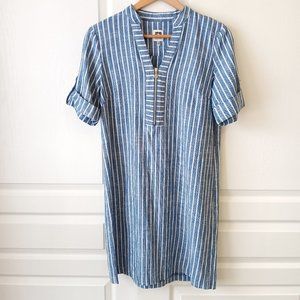 Anne Klein Women's Navy/White Stripe V-Neck Roll Tab Shift Dress Size 4